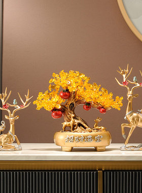 新中式装饰品家用发财树搭配摆件 入宅乔迁新居好看的金色工艺品