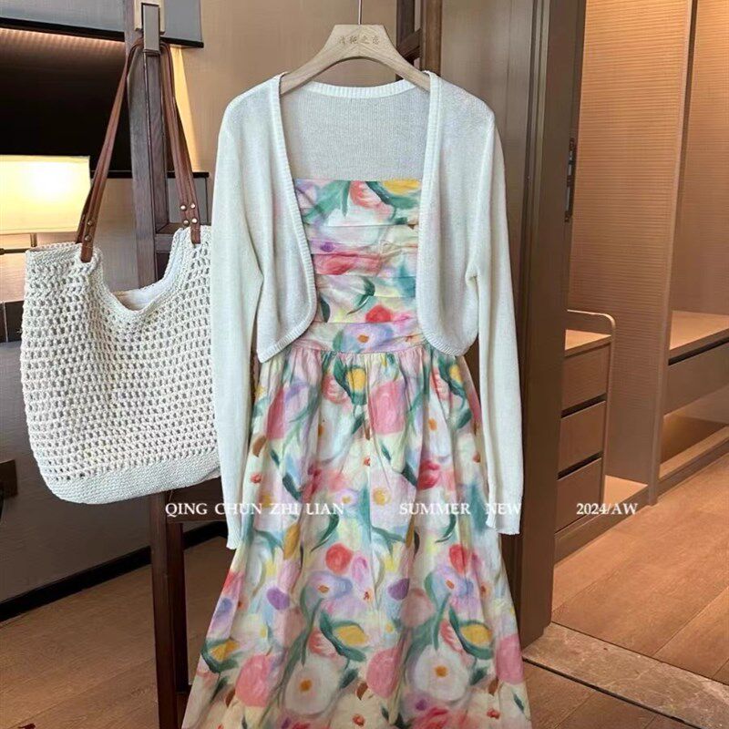 茶歇法式油画吊带连衣裙开衫两件套夏季新款碎花显瘦长裙女,淘宝优惠券,粉丝福利购,淘宝优惠卷