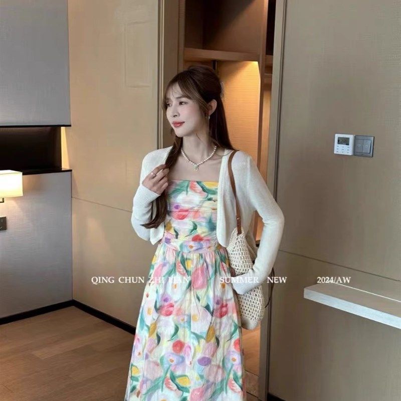 茶歇法式油画吊带连衣裙开衫两件套夏季新款碎花显瘦长裙女,淘宝优惠券,粉丝福利购,淘宝优惠卷