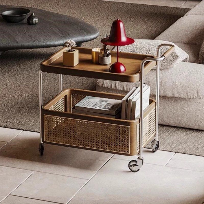 实木边几中古小推车可移动茶几客厅沙发边柜零食置物架藤编收纳架,淘宝优惠券,粉丝福利购,淘宝优惠卷