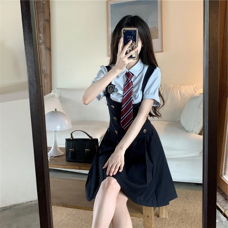大码胖mm美式学院风蓝色衬衫收腰背带连衣裙女春夏显瘦jk制服套装,淘宝优惠券,粉丝福利购,淘宝优惠卷