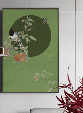 新鸟装饰画墨绿色古典挂画软装样板房入户玄关大尺壁画