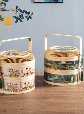 中秋节层竹篮复古包装竹盒过节送客户礼品包装档篮子
