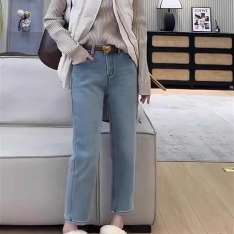 秋季新款大码弹力牛仔裤女高腰显瘦洋气胖妹妹mm烟管九分直筒裤子 - 图2