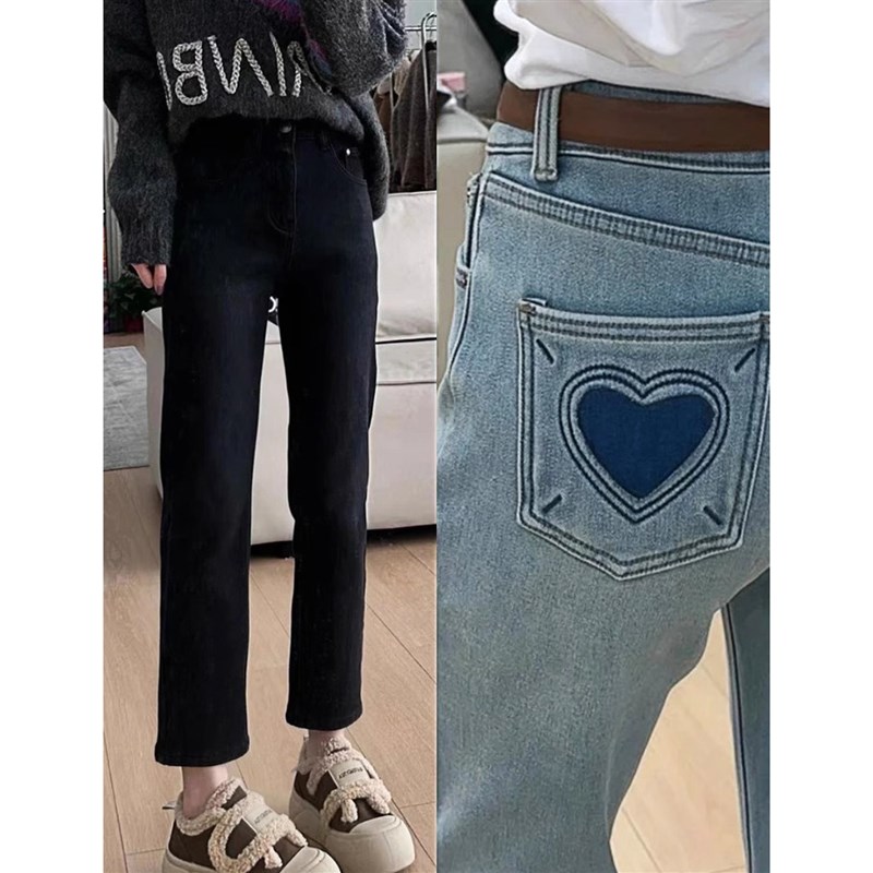 秋季新款大码弹力牛仔裤女高腰显瘦洋气胖妹妹mm烟管九分直筒裤子 - 图1