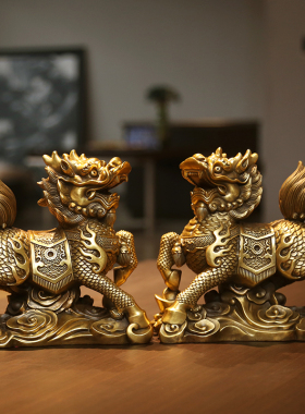 铜欣祥 纯铜麒麟摆件一对家居装饰品客厅玄关办公室电视柜工艺品