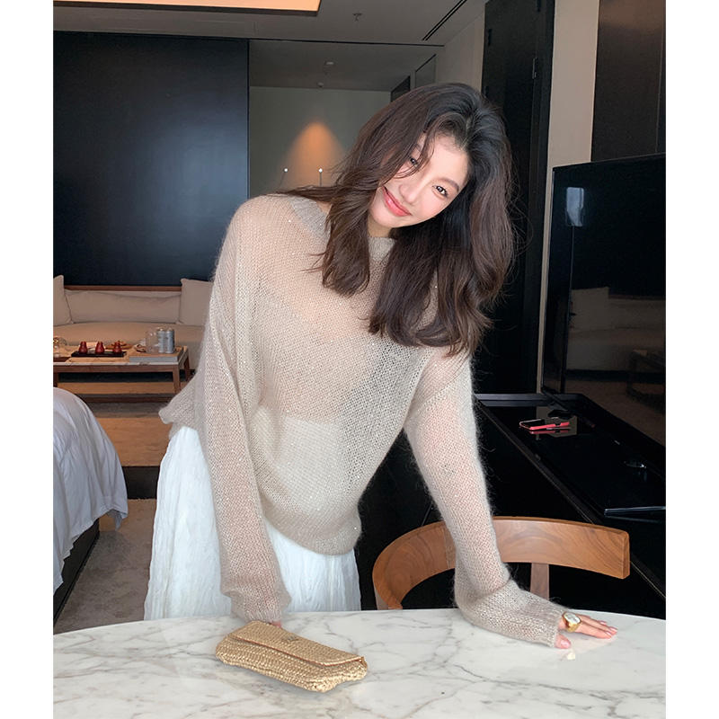 AloneSavor龙喜儿极简宽松羊毛针织衫微透亮片宽松长袖上衣女J686 - 图2