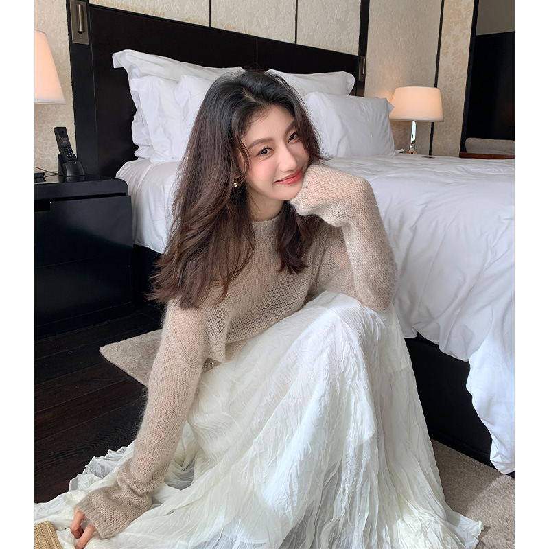 AloneSavor龙喜儿极简宽松羊毛针织衫微透亮片宽松长袖上衣女J686 - 图0