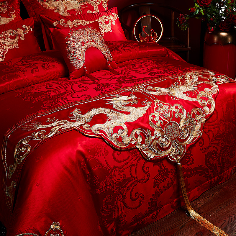 高端婚庆四件套大红全棉提花龙凤结婚房中式时尚床上用品床单被套 - 图1