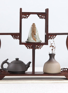 博古架摆件多宝阁底座紫砂茶壶架茶具架红酸枝木雕工艺品摆件实木