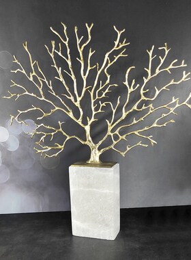 新中式轻奢黄铜海树晶石桌面摆件客厅桌面玄关样板间酒店软装饰品