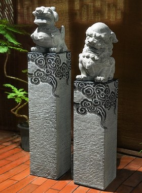 麒麟狮子貔貅门口拴马柱落地装饰摆件中式仿古庭院茶室内仿石摆设