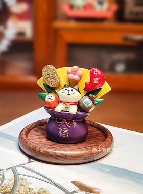 新年招福开 运紫色福袋招财猫可爱治愈系桌面装饰摆饰小礼物送家