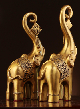 纯黄铜大象摆件一对吸水象招财大象财福铜象工艺品客厅装饰品大号