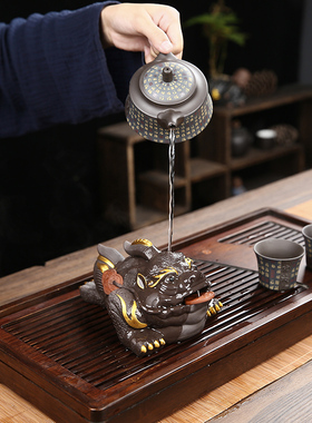 招财紫砂金蟾家居装饰品摆件客厅办公室茶室桌面蟾蜍茶宠精品可养