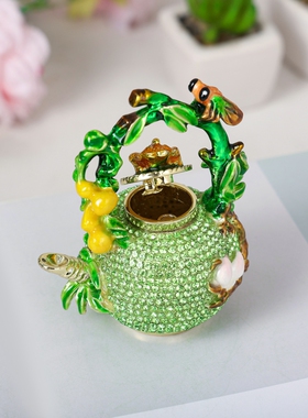 金属工艺品禅意装饰满钻金茶壶饰品盒金蟾福禄寿茶壶桌面小摆件