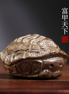 天然绿檀木雕刻富甲天下龟壳摆件文玩手把件家居装饰品创意工艺品