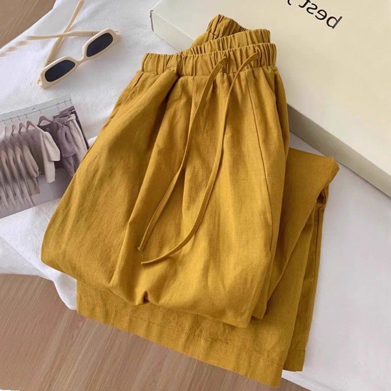 夏季2025新款小个子简约复古凉凉裤子老钱风姜黄色亚麻阔腿裤女潮,淘宝优惠券,粉丝福利购,淘宝优惠卷