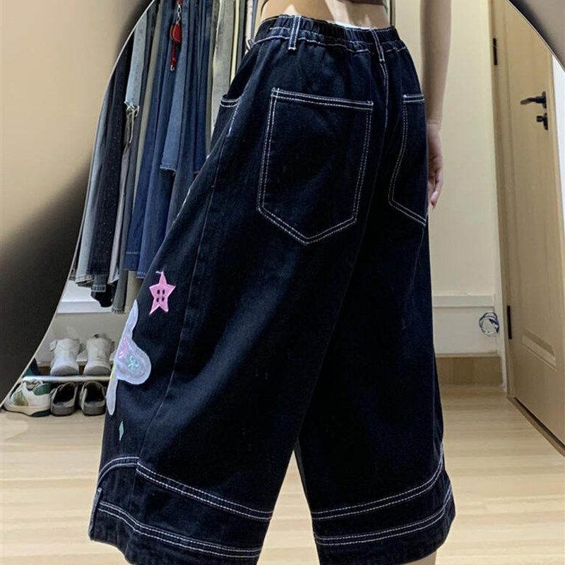 超大尺寸肥胖毫米减少年龄的多功能卡通印花直牛仔短裤为妇女黑色,淘宝优惠券,粉丝福利购,淘宝优惠卷