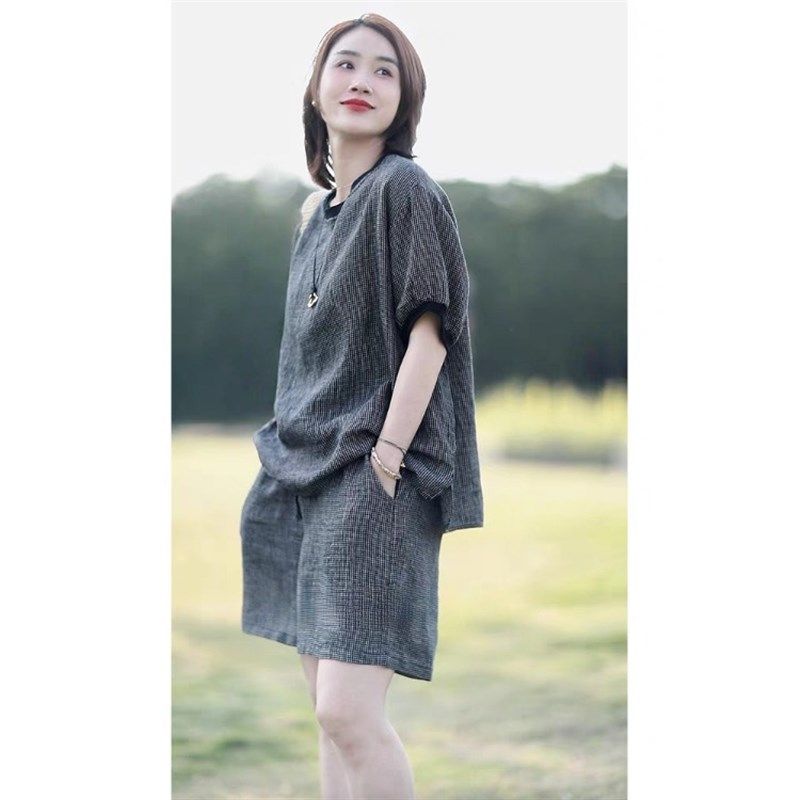 覆古亚麻格纹短袖T恤时尚套装女夏季薄款休闲 圆领上衣短裤两,淘宝优惠券,粉丝福利购,淘宝优惠卷