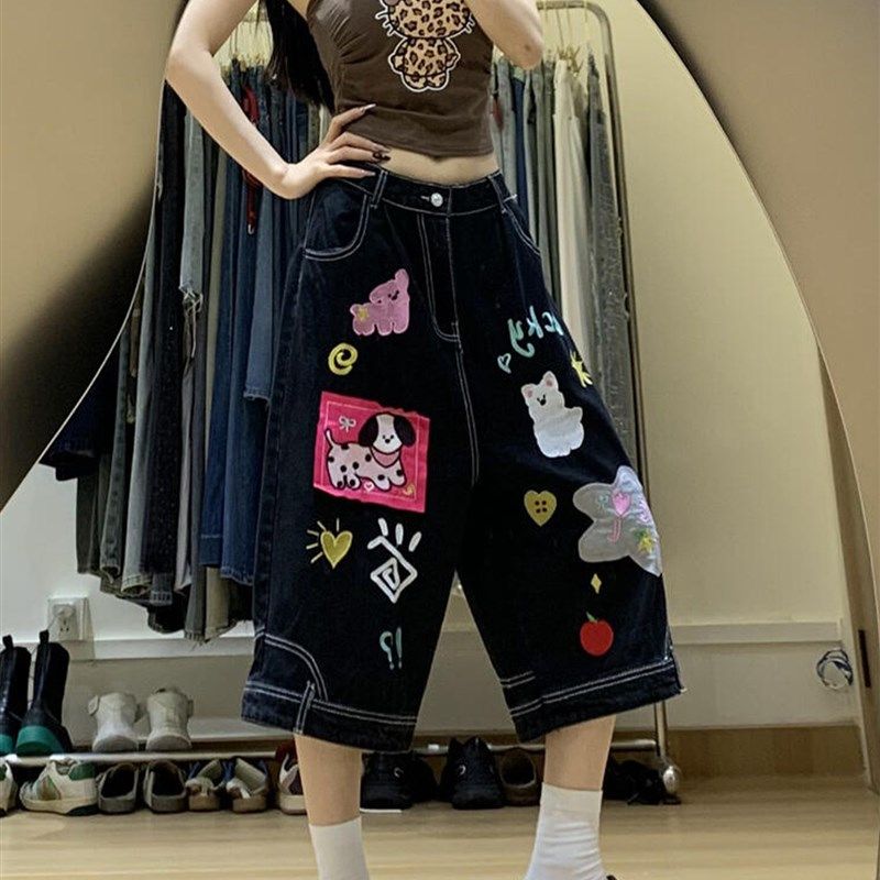 超大尺寸肥胖毫米减少年龄的多功能卡通印花直牛仔短裤为妇女黑色,淘宝优惠券,粉丝福利购,淘宝优惠卷