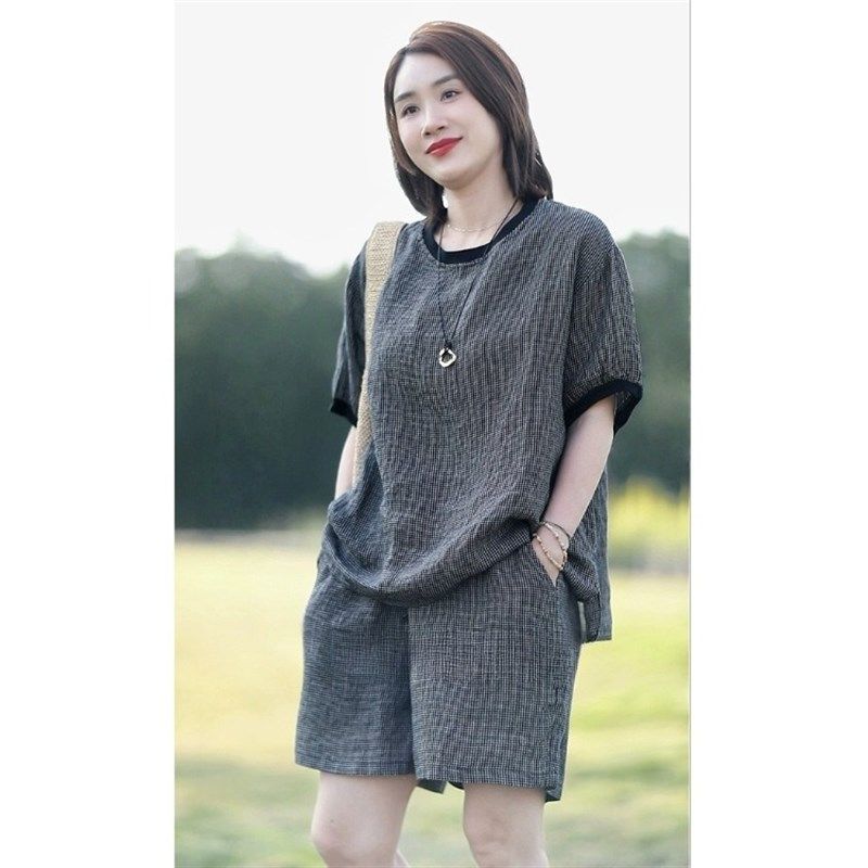 覆古亚麻格纹短袖T恤时尚套装女夏季薄款休闲 圆领上衣短裤两,淘宝优惠券,粉丝福利购,淘宝优惠卷