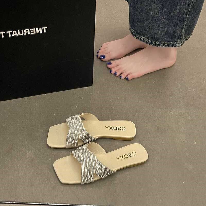 大码女鞋41一43法式水钻平底方头一字拖鞋女仙女风配裙子气质凉拖,淘宝优惠券,粉丝福利购,淘宝优惠卷