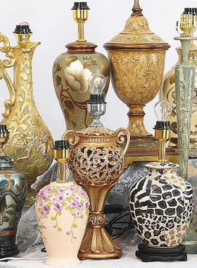 孤品-美式复古怀旧手绘陶瓷台灯家居卧室客厅民宿样板间装饰摆件