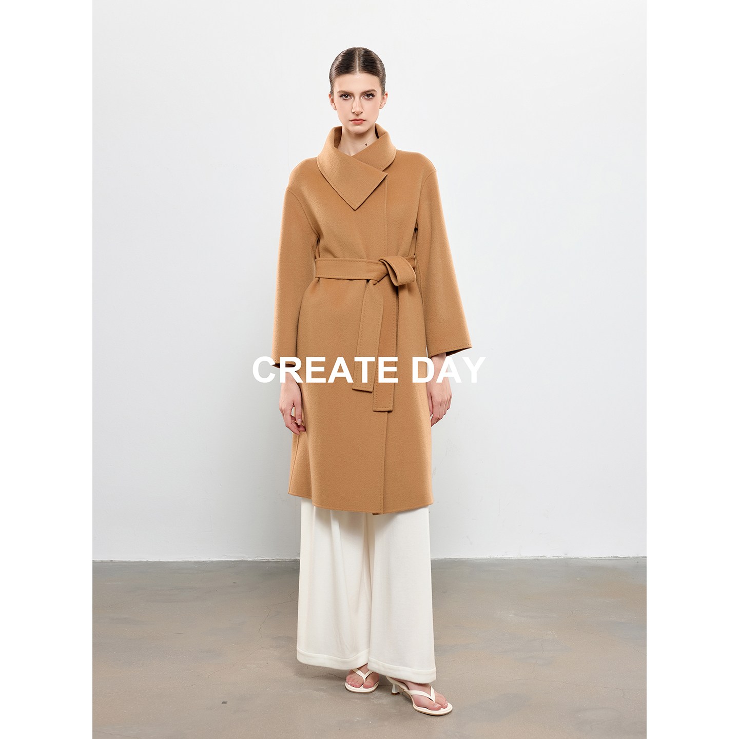 CREATE DAY GD30%山羊绒大衣女大马士革花苞领绵羊毛长款毛呢外套 - 图2