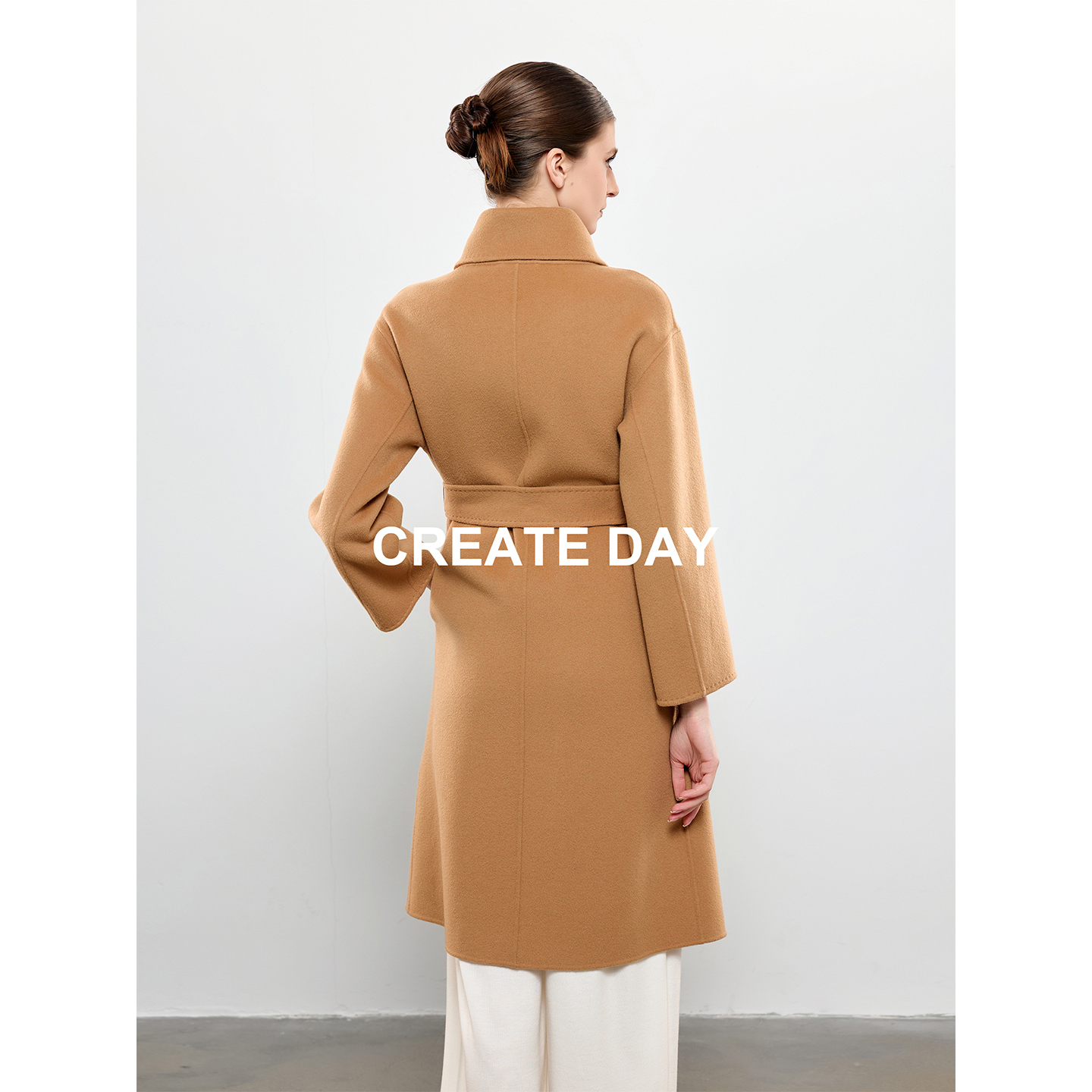 CREATE DAY GD30%山羊绒大衣女大马士革花苞领绵羊毛长款毛呢外套 - 图3