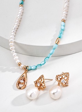 S925银时尚天然珍珠蓝母贝锆石项链