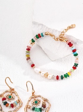 纯银珍珠多巴胺配色彩石手链