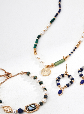 S925银时尚天然珍珠孔雀石青金石吊坠项链