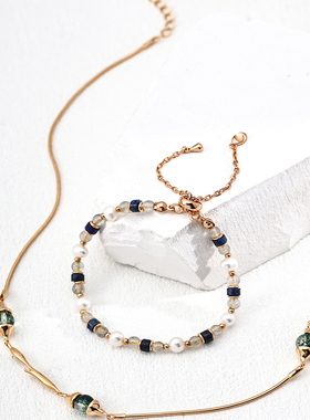 S925银简约灰月光珠天然珍珠青金石手链