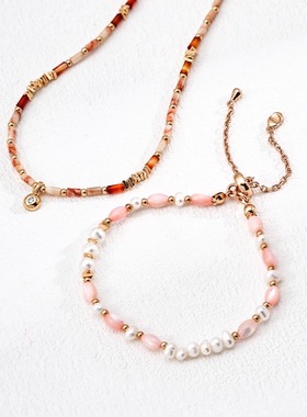 S925银简约清新天然珍珠胭脂粉贝手链