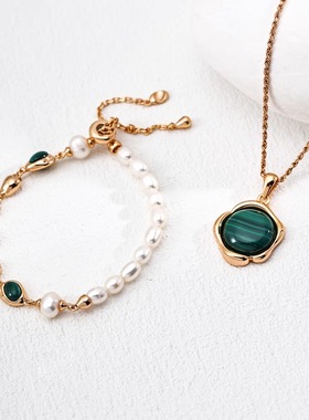 S925银时尚天然珍珠孔雀石手链