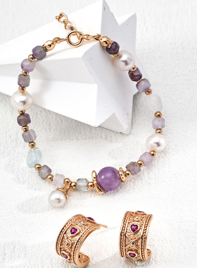 S925银时尚天然珍珠紫水晶随形冰透海蓝宝手链