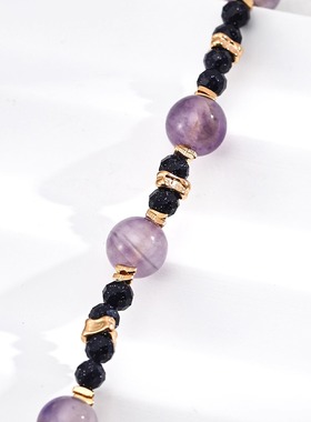 S925银时尚天然薰衣草浅紫水晶蓝砂珠手链