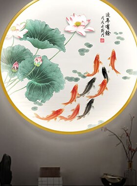 定制通体壁画发i光带灯装饰画新中式圆形客厅入户挂画玄关LED灯箱
