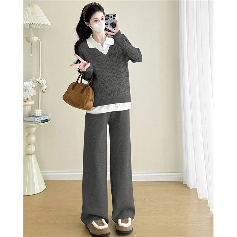 孕妇套装秋冬2024新款时尚洋气百搭加厚翻领针织衫上衣裤子两件套,淘宝优惠券,粉丝福利购,淘宝优惠卷
