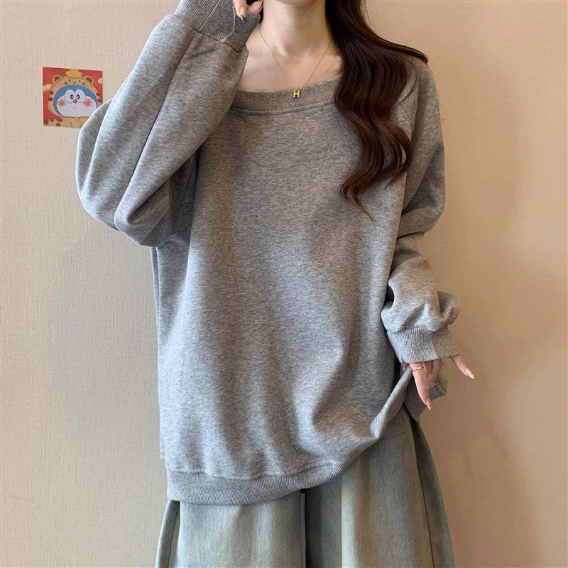 美式复古黑色斜肩卫衣女春秋新款大码洋气宽松慵懒风露肩长袖上衣,淘宝优惠券,粉丝福利购,淘宝优惠卷