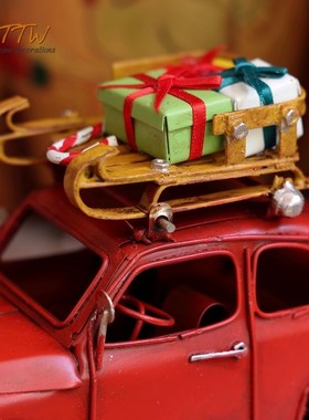 精致红色汽车复古手工模型圣诞节礼物装饰艺术摆件