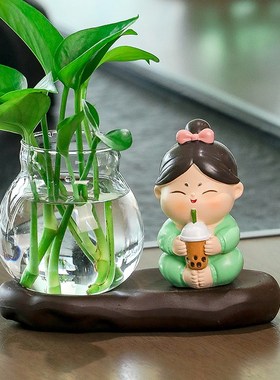 田园唐仕女摆件客厅小摆件绿萝水培花盆器皿花瓶插花创意植物花器
