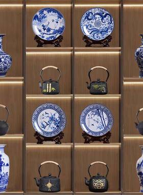 新中式茶室酒店博古架高档复古装饰品青花陶瓷器花瓶插花摆件套装