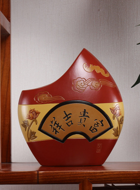 中国红陶瓷玄关摆件 新中式博古架展示架 客厅古风陶瓷装饰品 月