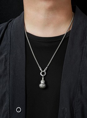 990纯银葫芦吊坠男士复古银饰品女款祥云空心可打开情侣项链挂坠