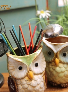 复古乡村油画风格陶瓷釉面彩色猫头鹰装饰笔筒花器家居摆件