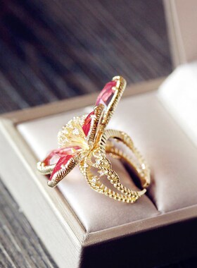 韩国仿水晶透明粉色大花朵戒指女中食指指环夸张装饰夜店礼服配饰