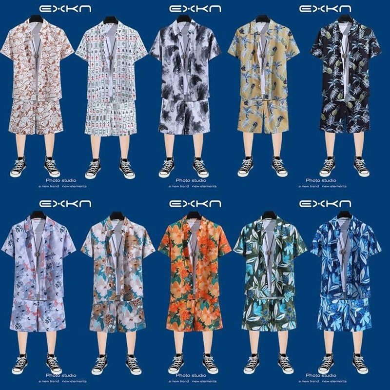 复古短袖衬衫套装男夏季薄款宽松大码花衬衣海边度假旅游沙滩短裤,淘宝优惠券,粉丝福利购,淘宝优惠卷