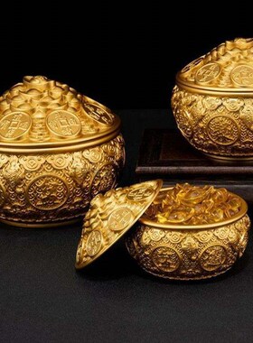 纯黄铜聚宝盆带盖百福缸客厅米缸家用铜工艺品办公室业礼品